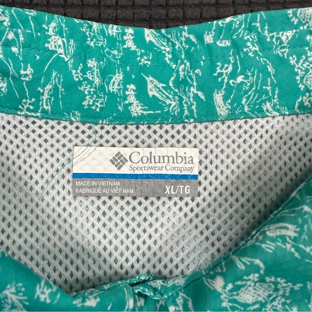 Columbia PFG Fishing ShirtXL Teal Green Fish Print Vented Short Sleeve Button Up - Picture 3 of 7